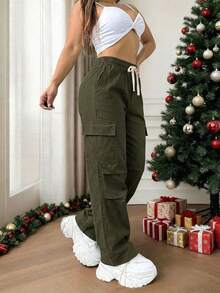 Mujer Pantalón Cargo Casual Bolsillos Grandes Tela Suave Color Liso Corte Recto Ajuste Holgado Cintura Elástica Largo Primavera Otoño Invierno Diario Pantalón - Marrón Chocolate - Ver 2