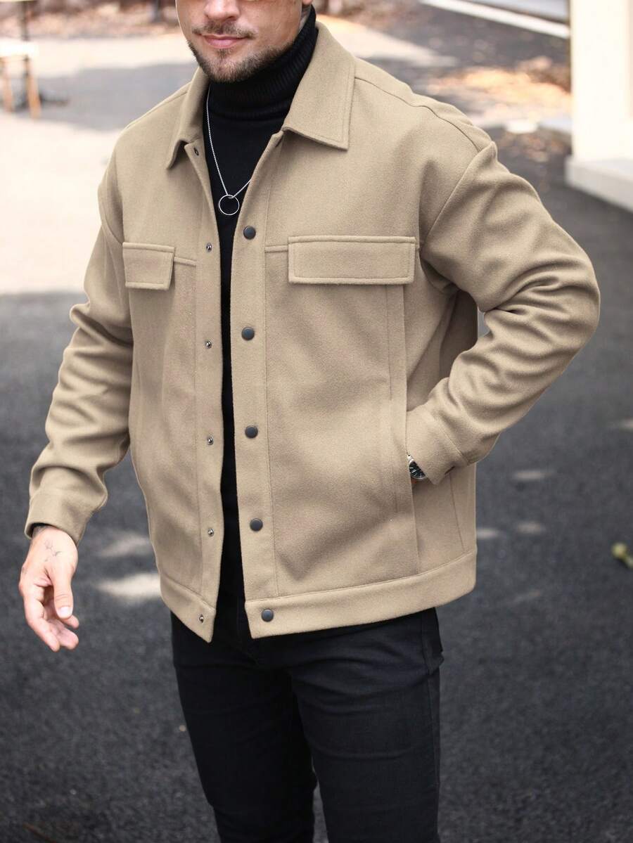 Manfinity Homme 男士休闲单排扣口袋羊毛混纺大衣，秋冬男士休闲夹克，男士羊毛夹克，男士衬衫式外套，男士米色夹克，男士翻领夹克 - 杏色 - 查看 1