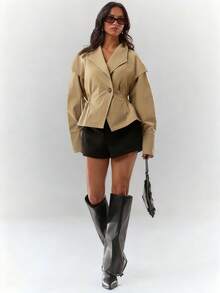 Glamine Chaqueta de mujer de unicolor con cintura fruncida, de uso casual y diario, con estilo retro de calle