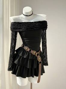 Elamini 女士黑色蕾丝拼接无肩带露肩长袖修身荷叶边下摆A字迷你连衣裙，时尚欧美性感度假风 - 黑色 - 查看 4