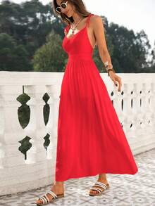 Vivid Eden 女士V领露背收腰宽松下摆沙滩连衣裙 - 紅色 - 查看 7