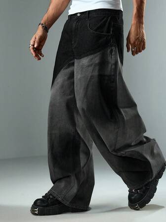 Jeans rectos de pierna casual y versátil con bolsillos y efecto desgastado para hombre