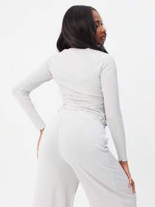 BABYPHAT 罗纹针织Logo长袖圆领镂空家居服上衣 - 灰色 - 查看 2