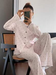DAZY Bộ đồ ngủ nữ họa tiết chấm bi trang trí nơ ngọt ngào - Hồng - Xem 3