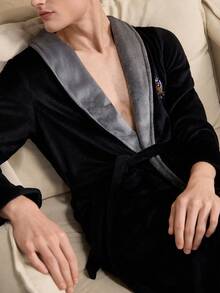 Contrast Color Shawl Collar Double Pocket Men's Robe, Autumn/Winter - Black - View 6