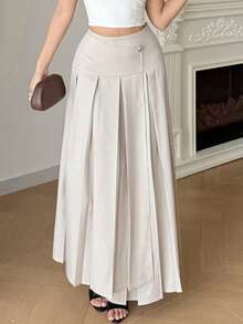 Modelyn Elegant Pleated Asymmetric Hem Women's Skirt, Suitable For Commuting - Khaki - View 5