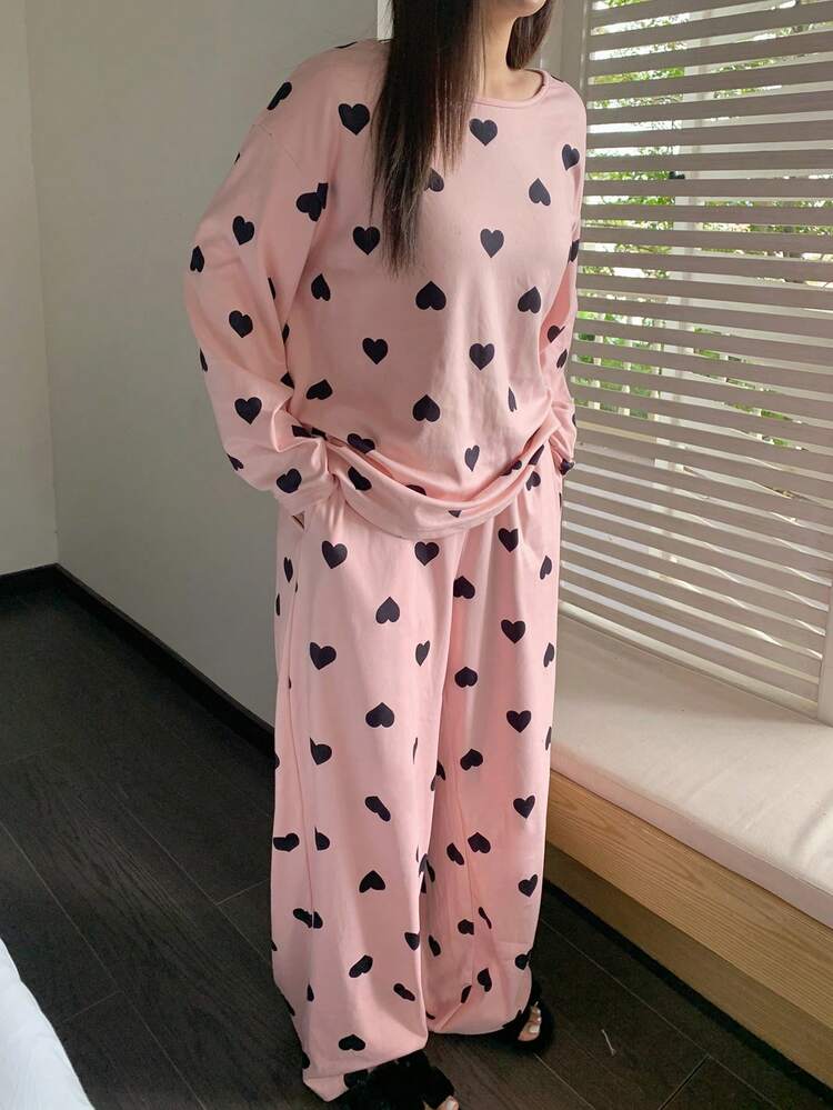 Dazy Plus Plus Size Women Heart & Polka Dot Print Loose Long Sleeve Top And Straight Leg Pants Pajama Set, Spring/Summer/Autumn