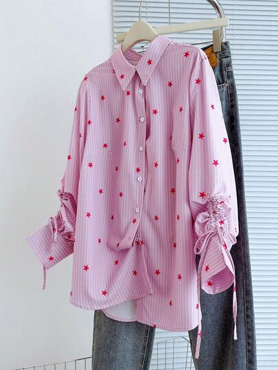 GlowEve CURVE Chemise à manches longues imprimée d'étoiles et de lignes, grande taille grande. Chemise rose pour la Saint-Valentin pour femmes, chemise rayée pour femmes, chemise imprimée d'étoiles pour femmes, chemise rose rayée pour femmes, chemise boutonnée à manches longues et poignets retroussés, chemise décontractée pour femmes