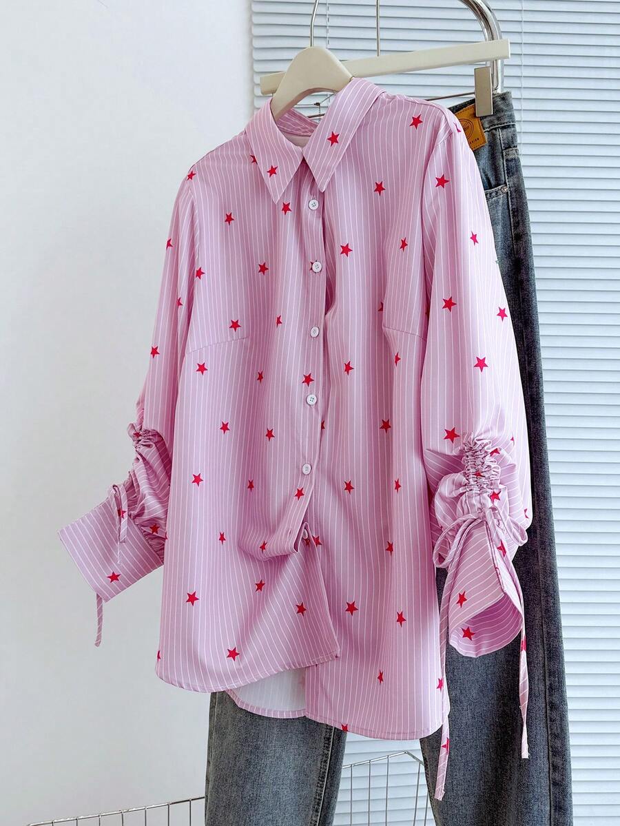 GlowEve CURVE Camicia a maniche lunghe con stampa a stelle e linee, taglia comoda, Camicia rosa per San Valentino da donna, Camicia a righe da donna, Camicia con stampa a stelle da donna, Camicia a righe rosa da donna, Camicia con bottoni e maniche lunghe casual da donna - Rosa - Visualizzare 1