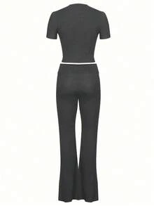 INAWLY Solva 女士簡約純色日常長袖上衣和長褲套裝 - 深灰色 - 查看 7