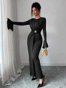 Elenzga Women's Solid Color Round Neck Flare Sleeve Waist Decorated Button Long Dress - Black - View 4