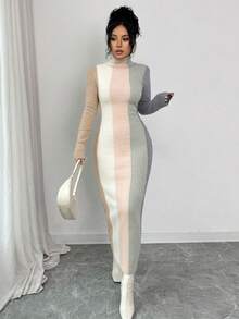 SHEIN Elenzya 女士撞色高领针织修身中长连衣裙，优雅时尚，适合秋冬季穿着 - 彩色 - 查看 5