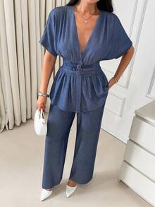 EURMUSE Bộ đồ nữ giả denim – Áo tay ngắn thắt eo và quần ống rộng, bộ đồ phối màu xanh dương thanh lịch thường ngày, Bộ đồ nữ giả denim – Bộ đồ phối màu xanh dương, áo thắt eo, quần ống rộng, bộ hai mảnh thanh lịch thường ngày, thời trang mùa hè, quần áo thoải mái, đồ mặc nhà cho nữ, bộ đồ sành điệu cho công sở hoặc du lịch, chất liệu giả denim. - Màu xanh lam - Xem 7