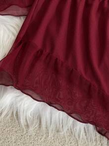 SHEIN 女士网纱钢圈薄杯性感内衣套装 - 酒紅色 - 查看 5