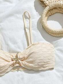 Ensemble de bikini à bretelles fines avec jupe, décor métallique en forme d'étoile de mer, couleur unie, pour les jeunes filles en été - Nude - Voir 6