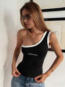 DAZY 女士性感百搭字母印花无袖上衣，适合度假和派对穿着，Y2K风格 - 黑色 - 查看 2