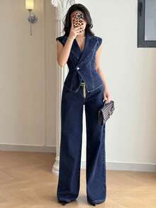 Modelyn Dammode Crossover Wrap Ärmlös Denim Jumpsuit - Mörktvätt - Visa 7