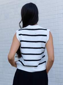 Andrea Bello Damen lässige gestreifte Strickweste, Frühling/Sommer, ärmellose Tops, gestreifte Tops, dünne Pullover, weiße Bordüre, lässig für den Alltag, kann allein oder darunter im Herbst/Winter getragen werden - Verschiedenfarbig - Übersicht 4