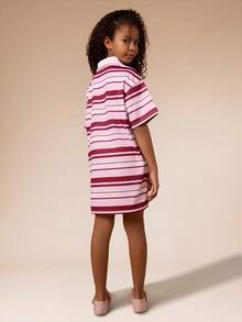 SUMWON Tween Striped Polo Dress Short Sleeve Collared Button Placket Horizontal Stripe Pattern Casual Knee Length Summer Spring Dress Vacation - Pink - View 2