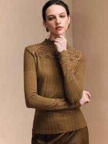 Arave Women's High-Elastic Velvet Lace Knit Fabric, Fitted Design With Structured Shoulders, Hand-Beaded Lace Trim, Elegant Date Top Elegant Fitted Round Neck Lace Long Sleeve Women T-Shirt Blouses For Women Party  Valentine's Day - Mustard Yellow - View 2