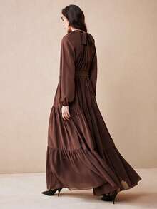 Arave Women's Solid Color Stand Collar Ruched Waist Tie Design Long Sleeve Fashionable Party & Holiday Cake Hem Dress New Year - Brown - View 3