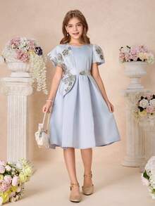 Pitira 少女派对礼服蓝色编织网纱提花缎面拼接可爱泡泡袖腰身中长连衣裙，优雅公主风，适合正式场合、派对、生日、日常穿着、节日、家庭聚会、姐妹情谊，可爱复古时尚，返校季必备 - 藍色 - 查看 5