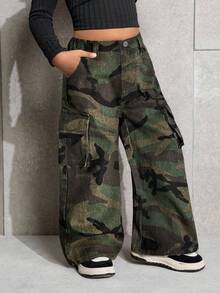 SHEIN Jeans de ajuste holgado con estampado de camuflaje y ramas para niña - Multicolor - Ver 4