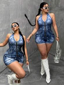 POPSWAY 时尚牛仔印花露背弹力针织连体衣 - 藍色 - 查看 1