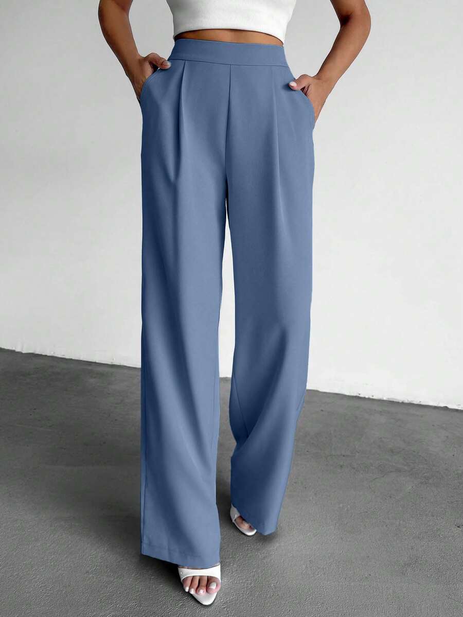 EURMUSE Fashionable Versatile High Waist Wide Leg Solid Color Pants - Dusty Blue - View 1