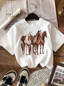 SHEIN LUNE 女士休闲宽松马匹印花圆领落肩 T 恤