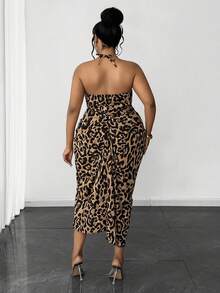 Maweii Plus Size Women Leopard Print Ruched Slit Hem Sexy Halter Neck Dress - Multicolor - View 2