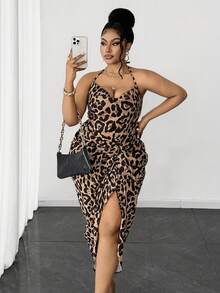Maweii Plus Size Women Leopard Print Ruched Slit Hem Sexy Halter Neck Dress - Multicolor - View 6
