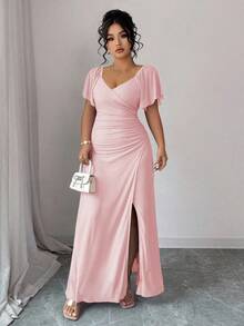 Elenzga 女士薰衣草色V领荷叶边袖腰部褶裥开衩连衣裙，优雅伴娘礼服，适合婚礼和派对穿着 - 粉色 - 查看 6