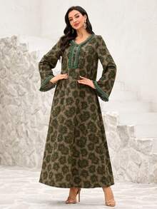 Al Najma Women's Arabic Style Dress With Flared Sleeves, Collar And Cuff Ruffle Trim, Spring/Summer - Green - View 4