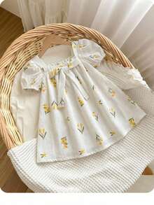 SHEIN Babygirl Cute Green Plaid Short Sleeve Bow Loose Sundress, Summer - Multicolor - View 1