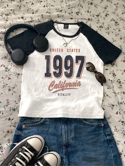 Attitoon Casual Simple Vintage American 1997 Printed Round Neck Tight Short Tee For Women's Summer Sports Season Back To School