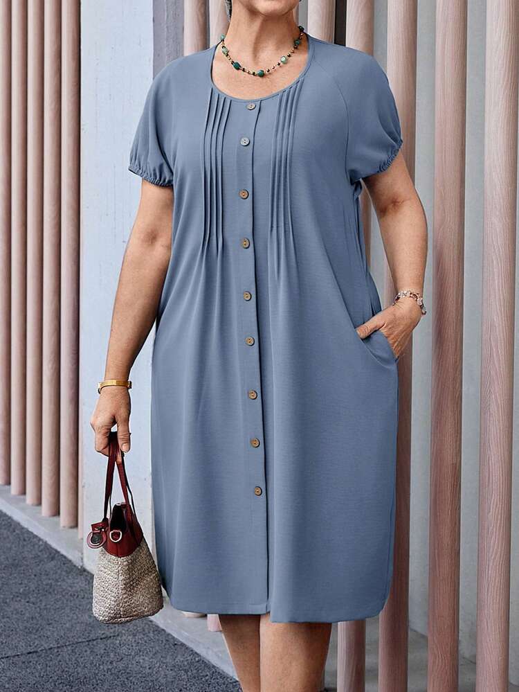 Plus Size Women's Casual Everyday Commute Simple Solid Color Bubble Sleeve Oblique Pocket Fold Pleated Loose Dress, Summer