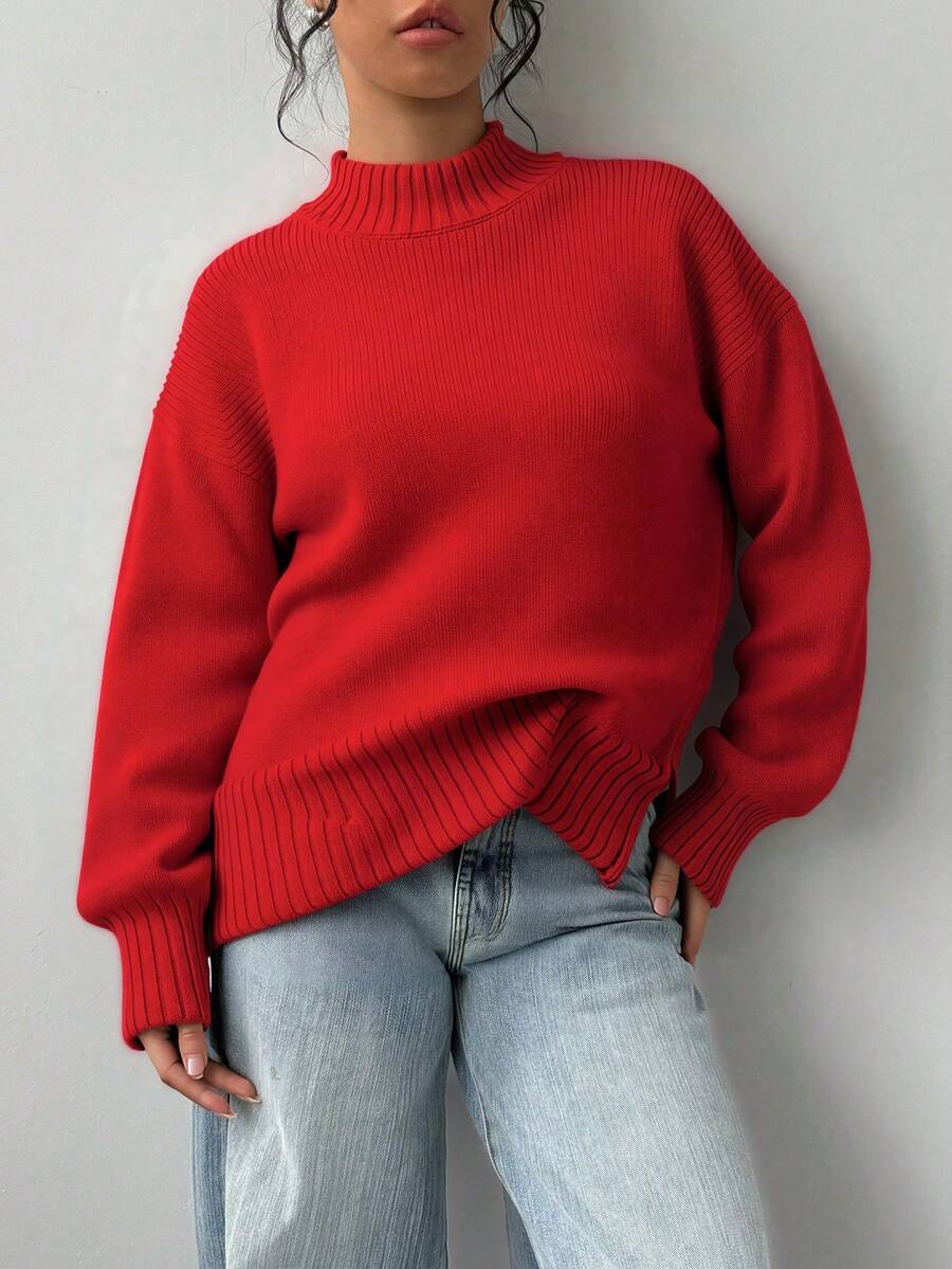 Suéter de manga larga para mujeres - lavable a máquina, elástico, recortado, adecuado para ropa casual y blusa casual de temporada completa apilada (color sólido; fácil de cuidar), suéter de tierra para mujeres, suéter de temporada múltiple para mujeres - Rojo - Ver 1