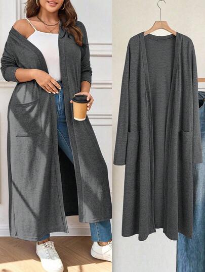 EMERY ROSE Manteau ample et élégant pour femmes, grande taille, en coloris unicolore avec poches. Convient pour le printemps/automne, les enseignantes, la rentrée scolaire. Manteau vintage minimaliste à manches longues