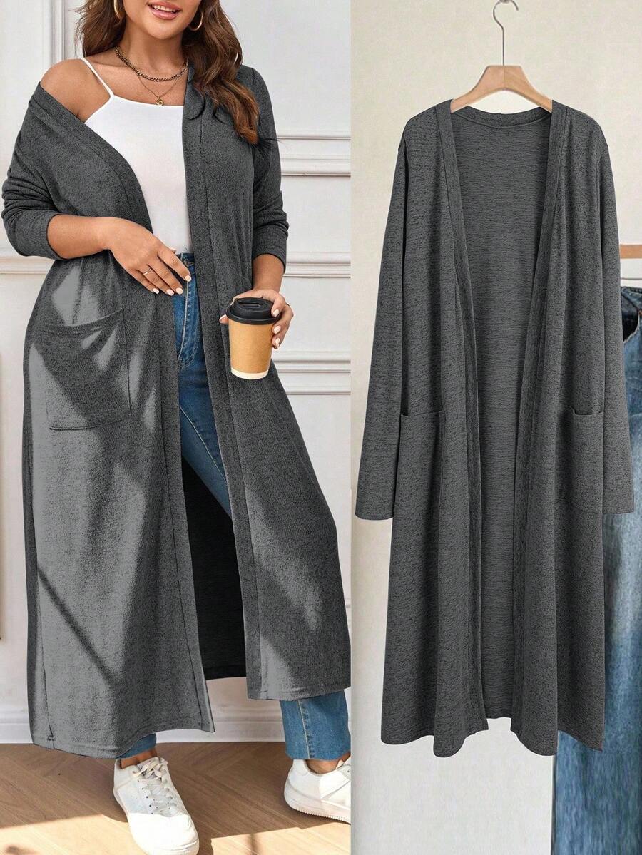 EMERY ROSE Áo khoác dáng rộng, thanh lịch, màu trơn, cỡ lớn dành cho nữ, có túi, phù hợp cho mùa xuân/thu, giáo viên, áo khoác vintage đi học, tối giản, tay dài. - Màu xám đen - Xem 1