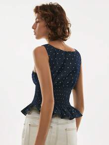 Poéselle 女士波点荷叶边下摆时尚百搭无袖牛仔衬衫，适合度假穿着 - 深色水洗藍 - 查看 2