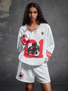 SHEIN How to Train Your Dragon Women's Casual Streetwear Everyday Commute Fashion Street Cartoon Number Print V-Neck Loose Sweatshirt And Shorts Set, Spring/Summer/Autumn Light Grey - Light Grey - View 3