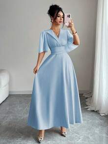 Elenzga New Women's Collared Waist Pleated Chiffon Patchwork Ruffle Sleeve Design Casual Vacation Everyday Elegant Dress - Baby Blue - View 3