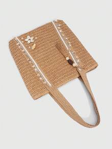 ROMWE Fairycore 1件装度假主题贝壳、海贝、珊瑚、珍珠装饰女士手提包，大容量花卉草编沙滩包，适合春夏使用 - 卡其色 - 查看 4