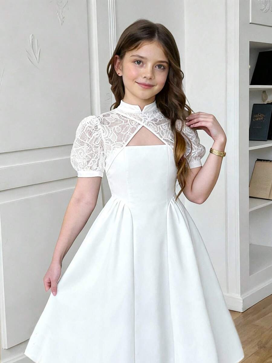 Firerie Kids Tween Girls Lace Puff Sleeve Waist Splice Dress, White, Elegant, Sweet, Cute, Fashion, Versatile, Suitable For Holidays And Parties - White - View 1