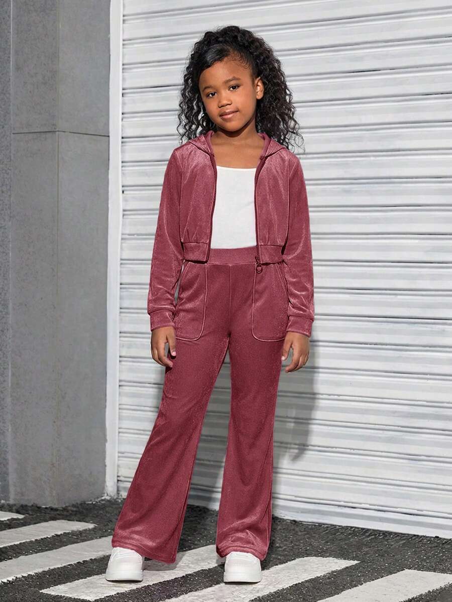 SHEIN Tween Girls' Velvet Hoodie And Sweatpants Set, Casual Sportswear - Dusty Pink - View 1