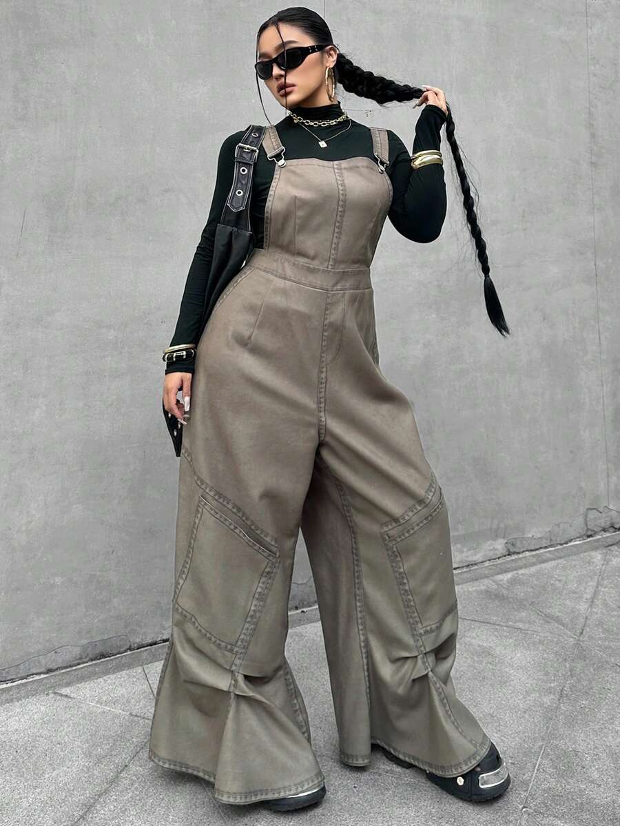 POPSWAY 大码女士休闲连体裤，带口袋、松紧腰带、交叉绑带、牛仔印花、军绿色，适合春夏假期穿着 - 軍綠色 - 查看 1