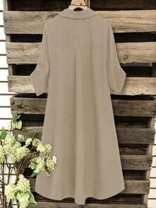 SHEIN Tall CURVE 大码女式法式休闲V领短袖夏季连衣裙 - 卡其色 - 查看 2