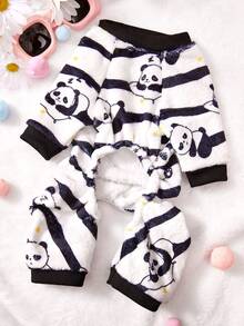 PETSIN 1pc Black And White Panda Striped Printed Pet Jumpsuit, Black And White Casual Style, Autumn And Winter Thick Warm Pet Clothing - Multicolor - View 3