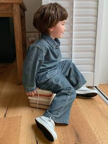 DAZY 2pcs Toddler Boys' V-Neck Loose Casual Long Sleeve Denim Shirt And Denim Pants Set - Blue - View 3